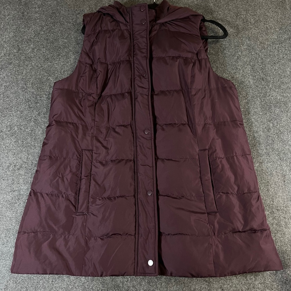 J. Jill Down Puffer Vest Women Large Burgundy Plum Hooded Quilted Longline Puffy